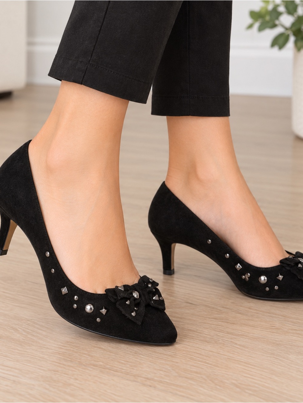 Peter Kaiser Black Suede Bow Pump with Stud Details
